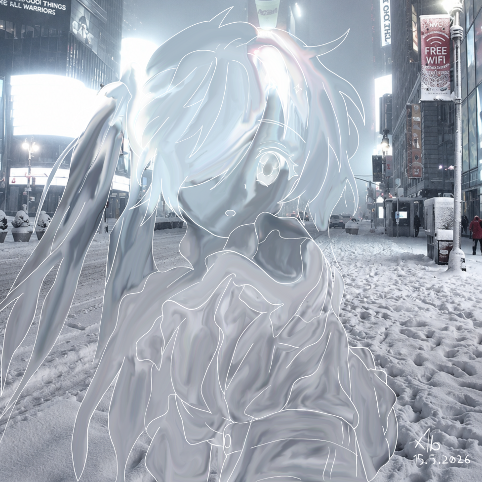 glass figure, times square snowstorm